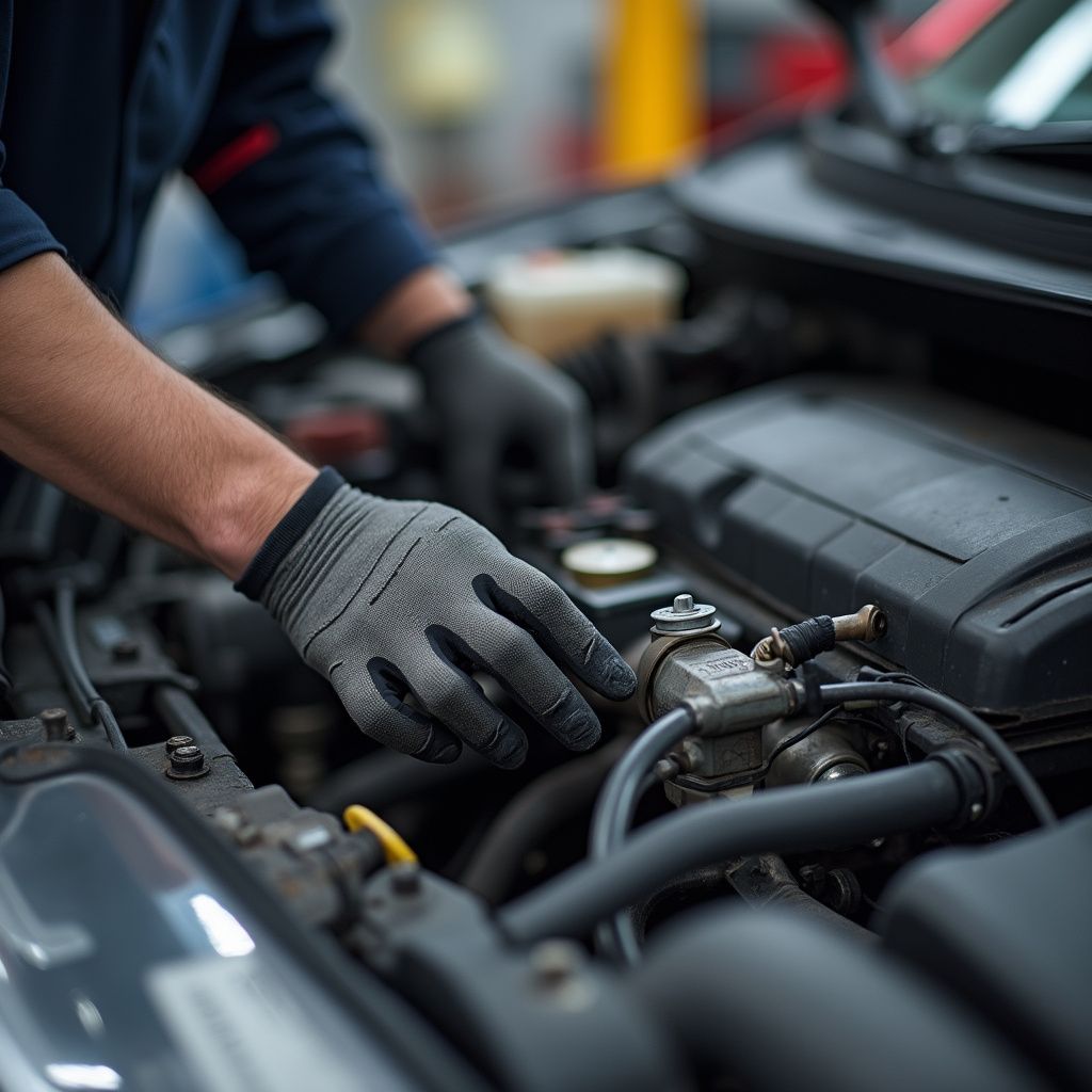 Un mécanicien portant des gants travaille sur le moteur d'une voiture dans un garage.