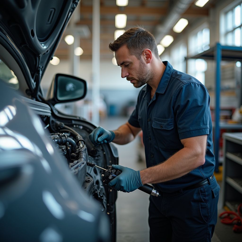 Mécanicien travaillant sur un moteur de voiture dans un garage ; il porte des gants bleus et un uniforme.