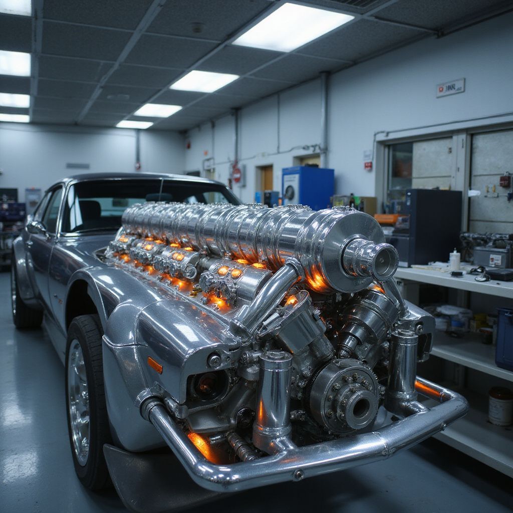 Une voiture chromée avec un moteur imposant dans un garage. Des lumières orange émanent du moteur.