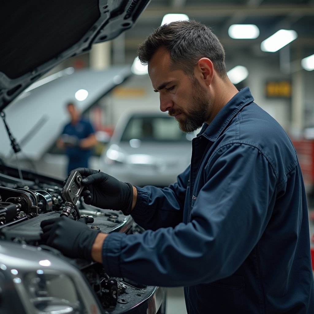 Un mécanicien travaille sur un moteur de voiture avec des outils, portant des gants et une combinaison bleue, dans un garage.