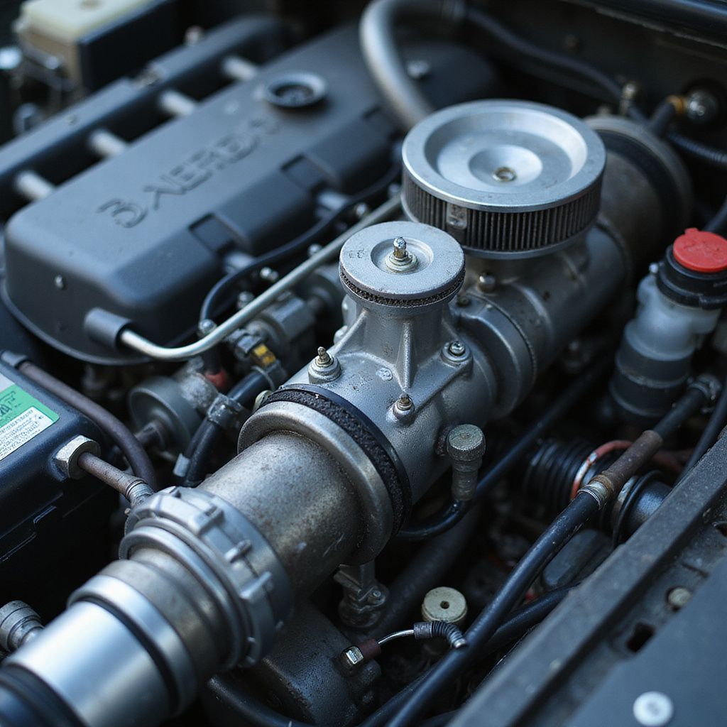 Gros plan sur un moteur de voiture avec un carburateur argenté, un filtre à air et des composants de moteur noirs.