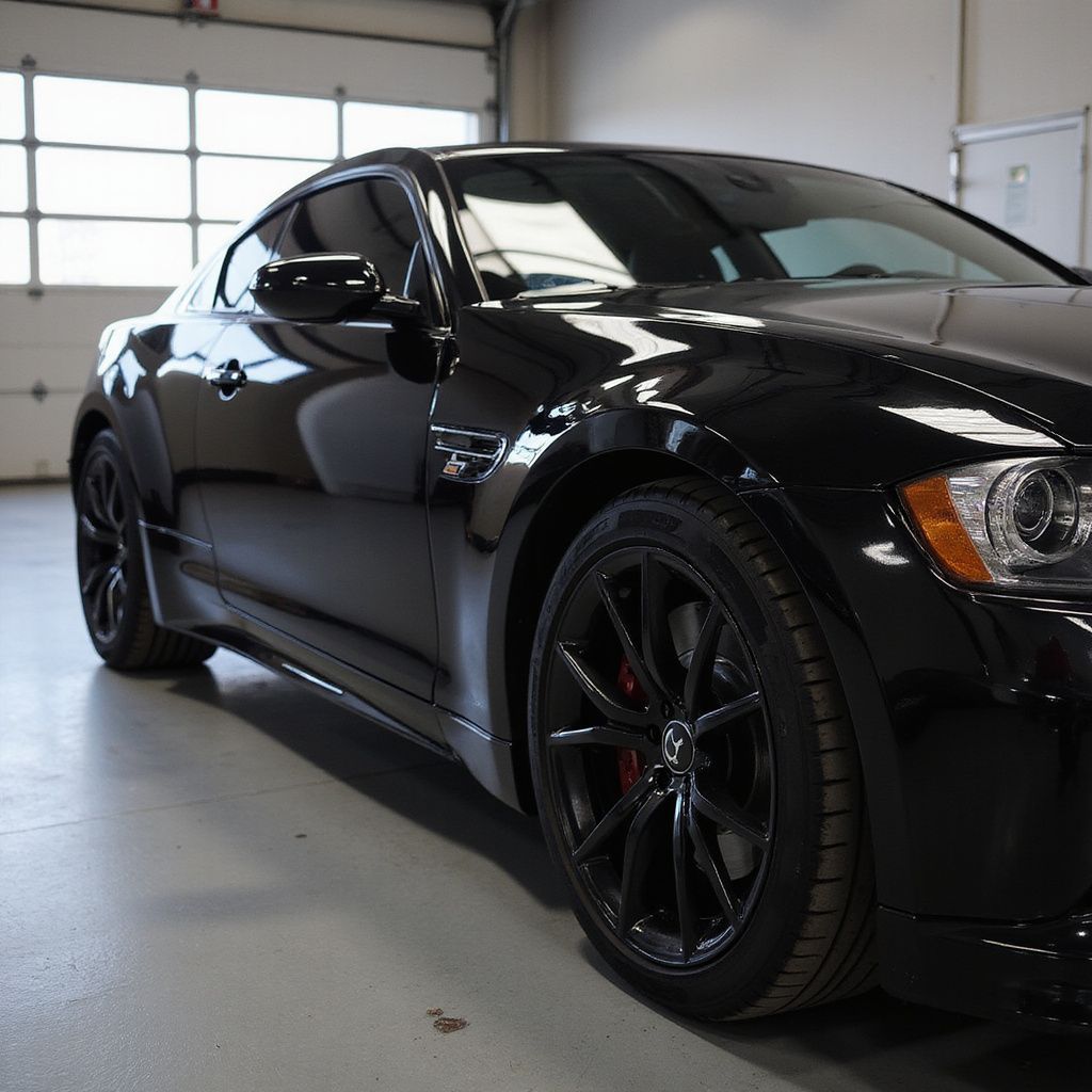 Voiture de sport noire avec jantes noires, garée dans un garage.