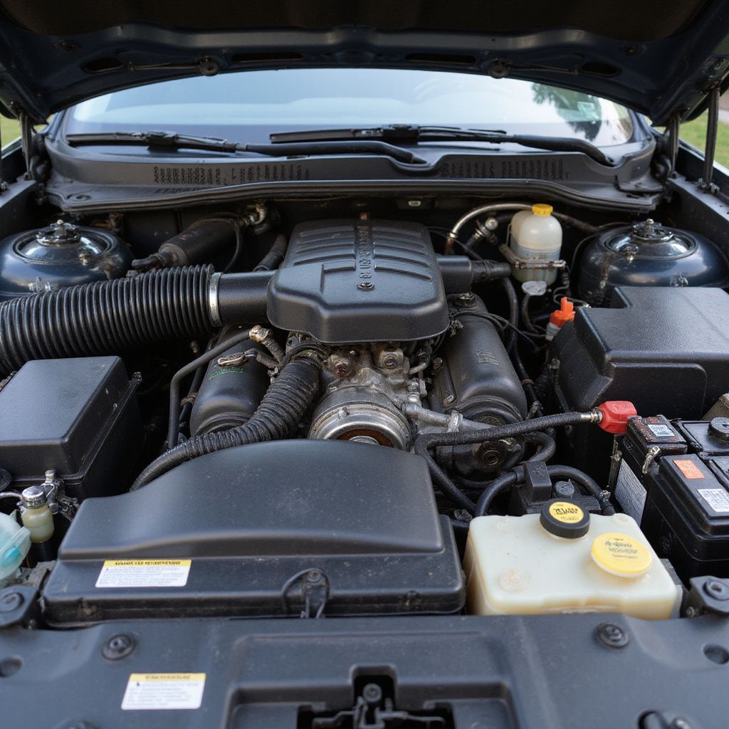 Moteur de voiture avec des pièces noires et divers fluides. Capot ouvert.