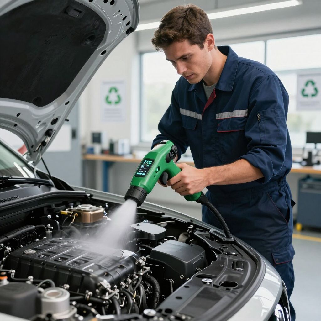 Un mécanicien nettoie le moteur d'une voiture avec un nettoyeur vapeur dans un garage.