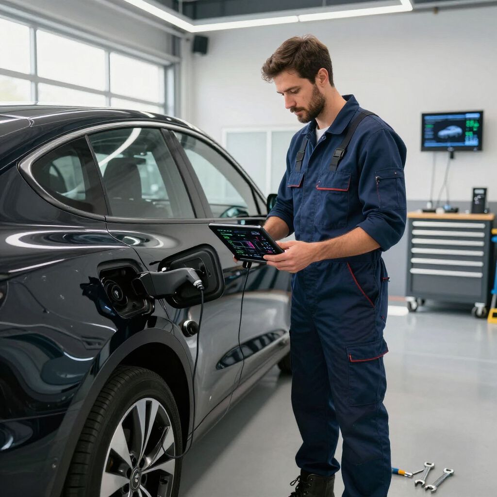 Un mécanicien en combinaison bleue utilise une tablette à côté d'une voiture électrique noire dans un atelier.