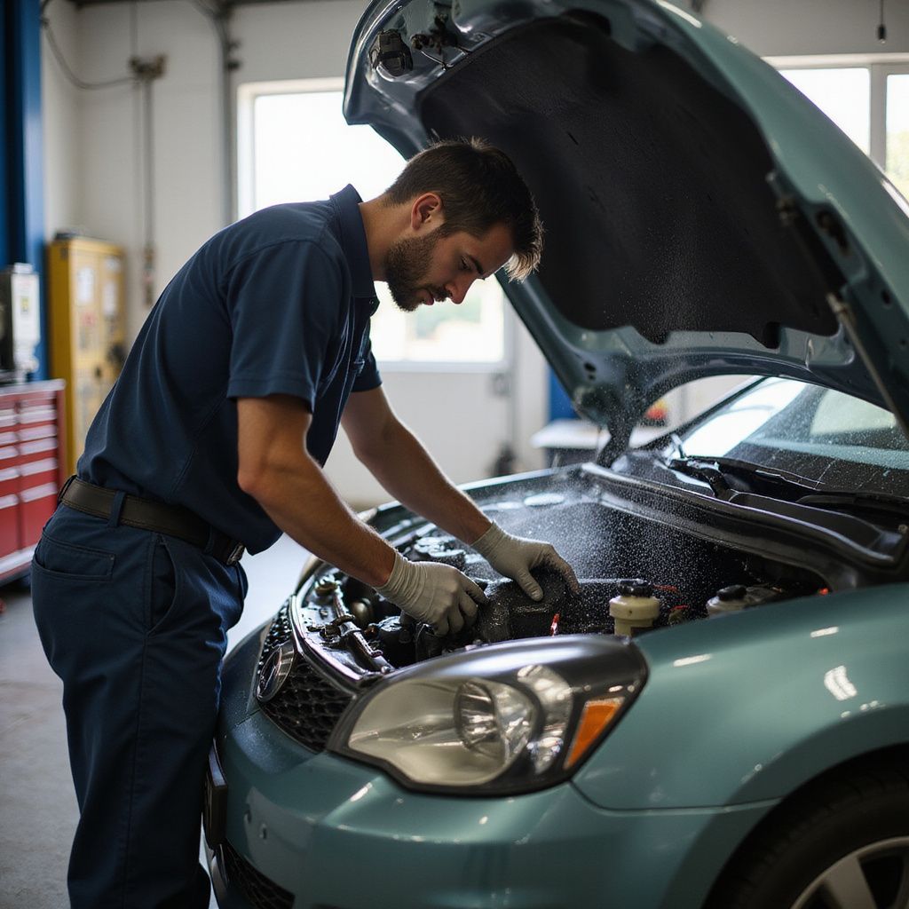 Un mécanicien en uniforme bleu inspecte le moteur d'une voiture dans un garage.