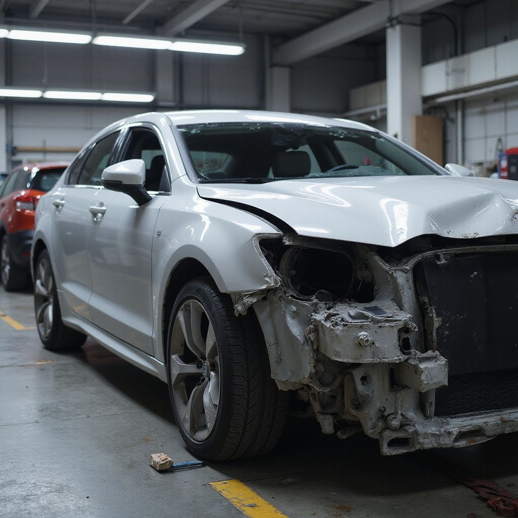 Voiture blanche avec l'avant endommagé, dans un atelier de réparation.