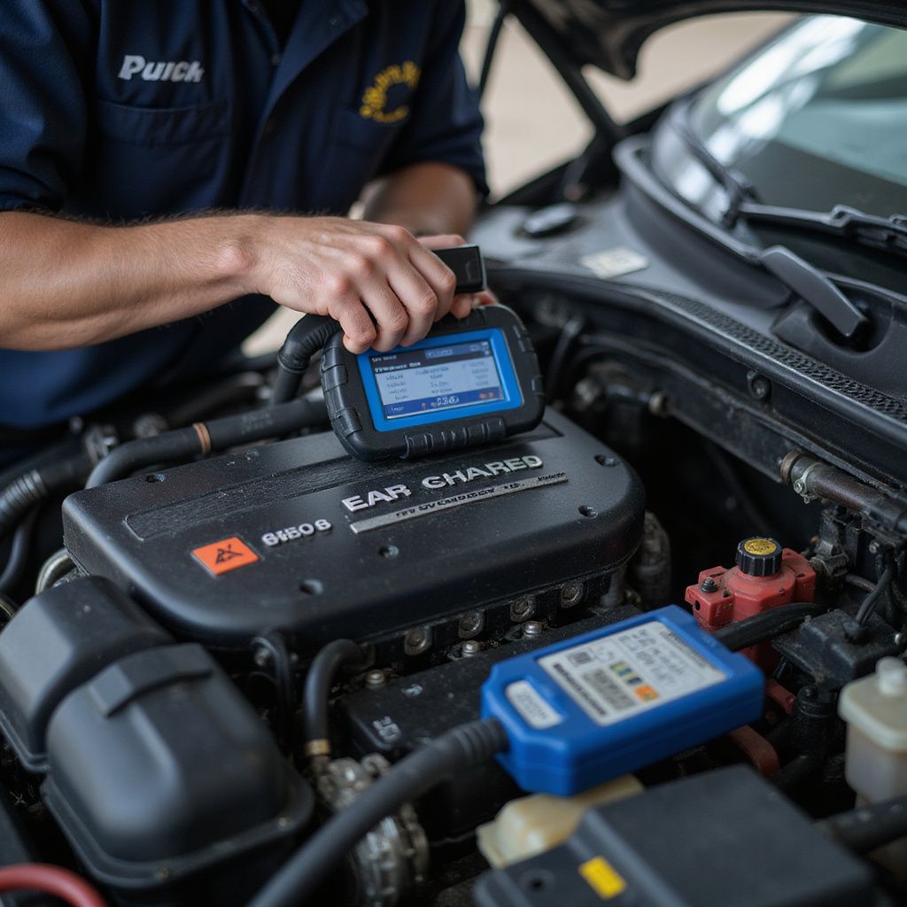 Un mécanicien utilise un outil de diagnostic sur le moteur d'une voiture, sous le capot. Outils bleus et noirs.