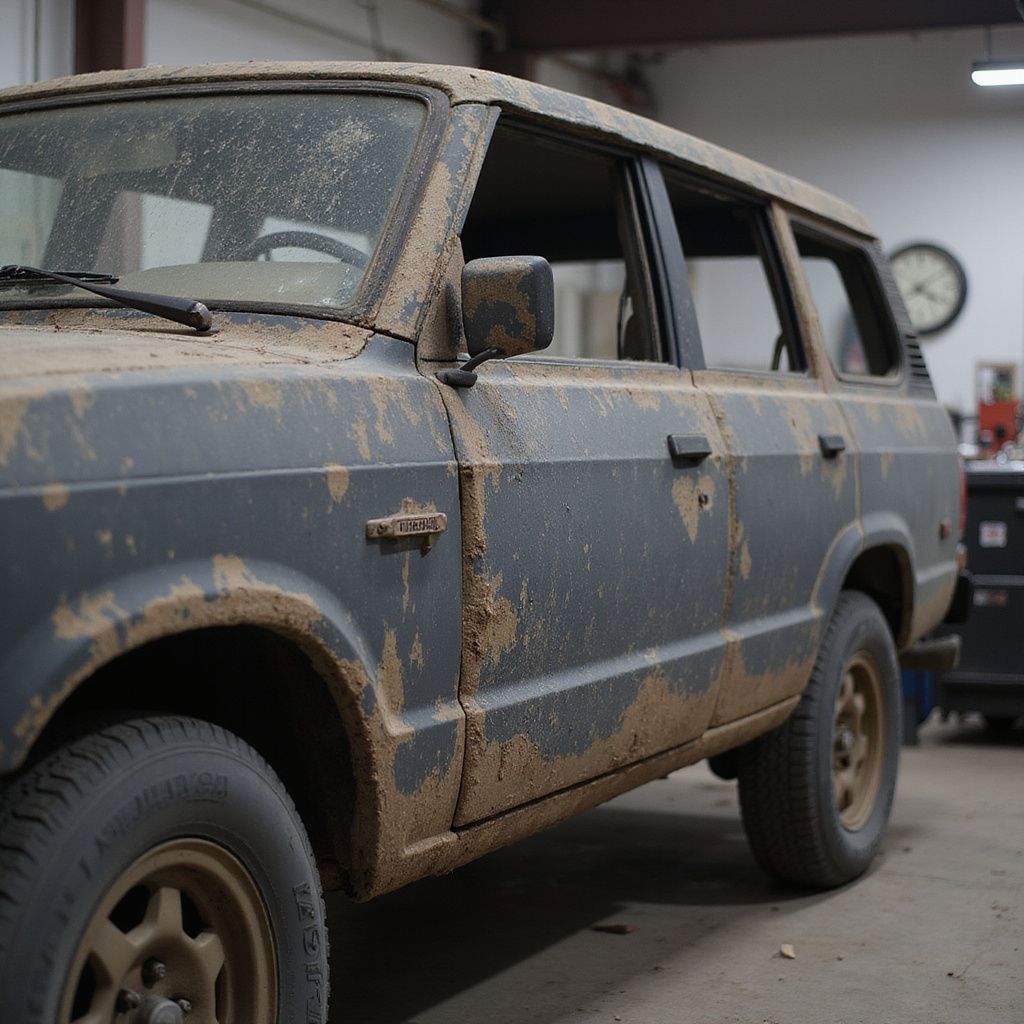 Un SUV vintage gris foncé, couvert de boue, dans un garage, avec des jantes marron et des vitres en verre.