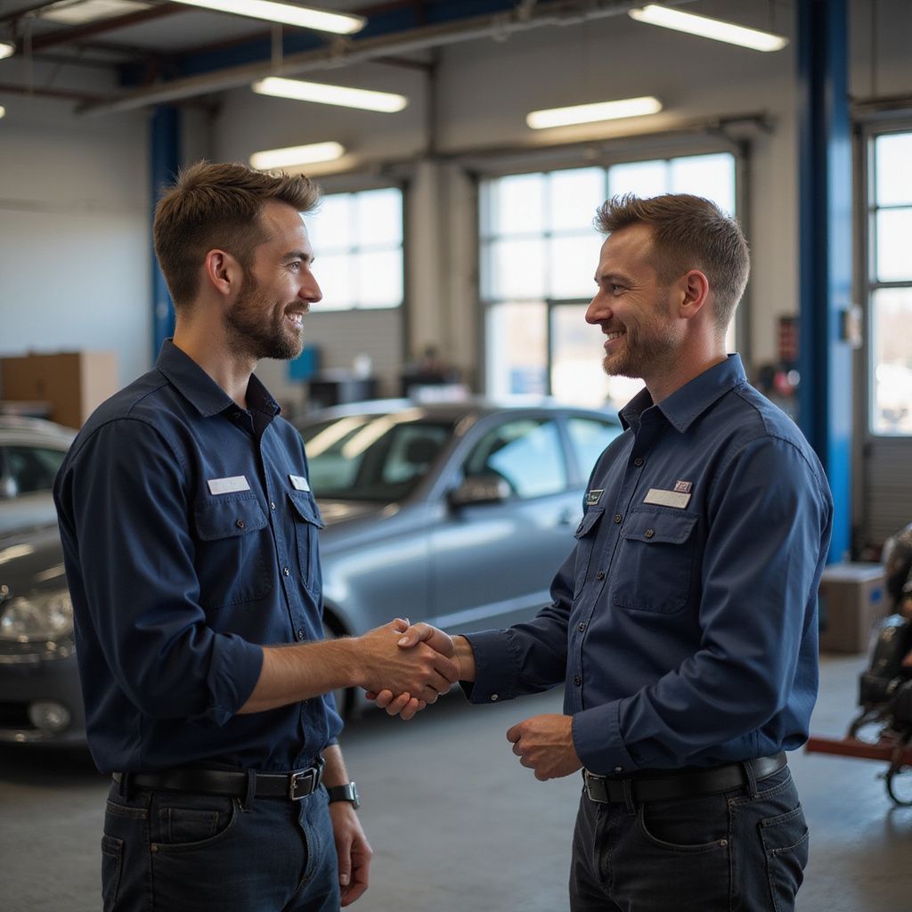 Deux mécaniciens automobiles en chemises bleues se serrent la main dans un atelier de réparation automobile.