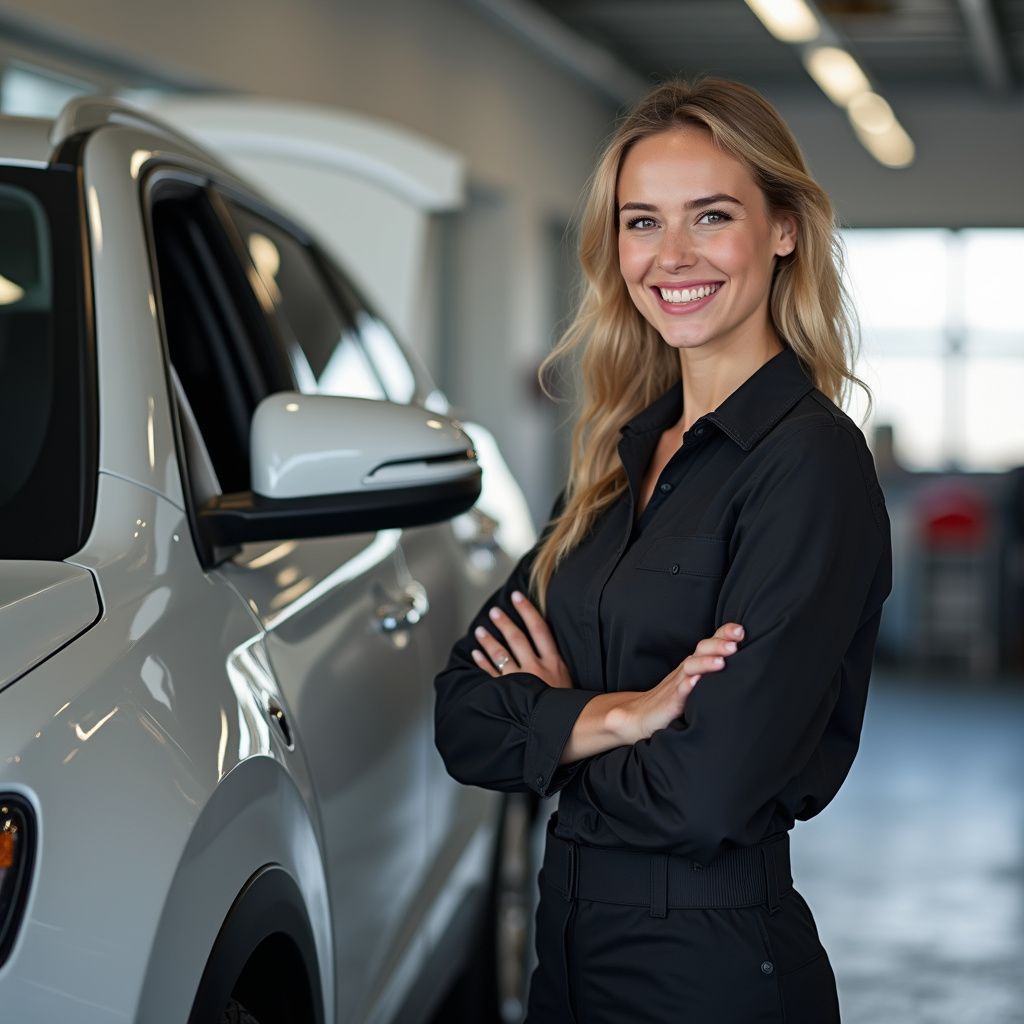 Une femme, les bras croisés, sourit à côté d'une voiture blanche dans un garage.
