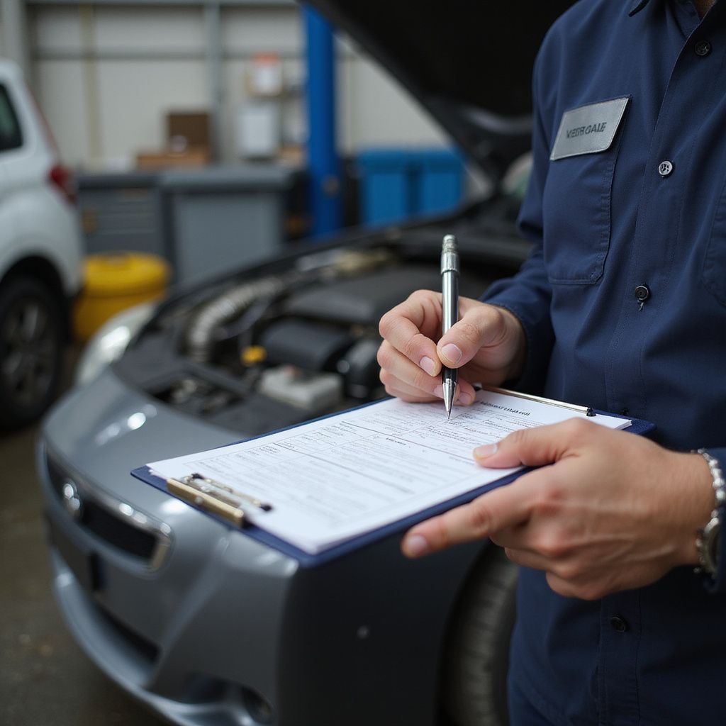 Un mécanicien en uniforme bleu remplit un formulaire, moteur de voiture ouvert en arrière-plan.