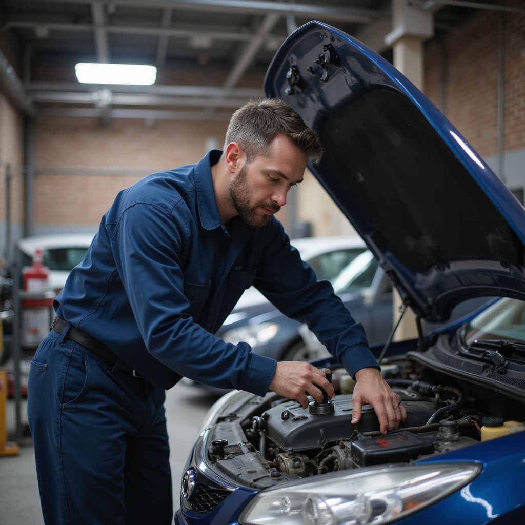 Un mécanicien en combinaison bleue travaille sur le moteur d'une voiture dans un atelier de réparation.