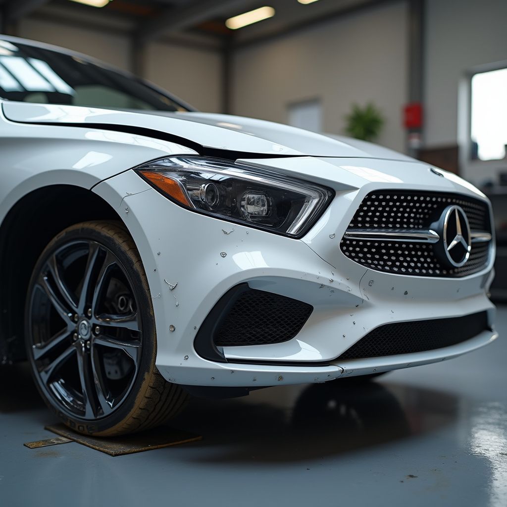 Berline Mercedes-Benz blanche dans un garage, avant endommagé, jantes et calandre noires, traces de saleté sur la carrosserie.