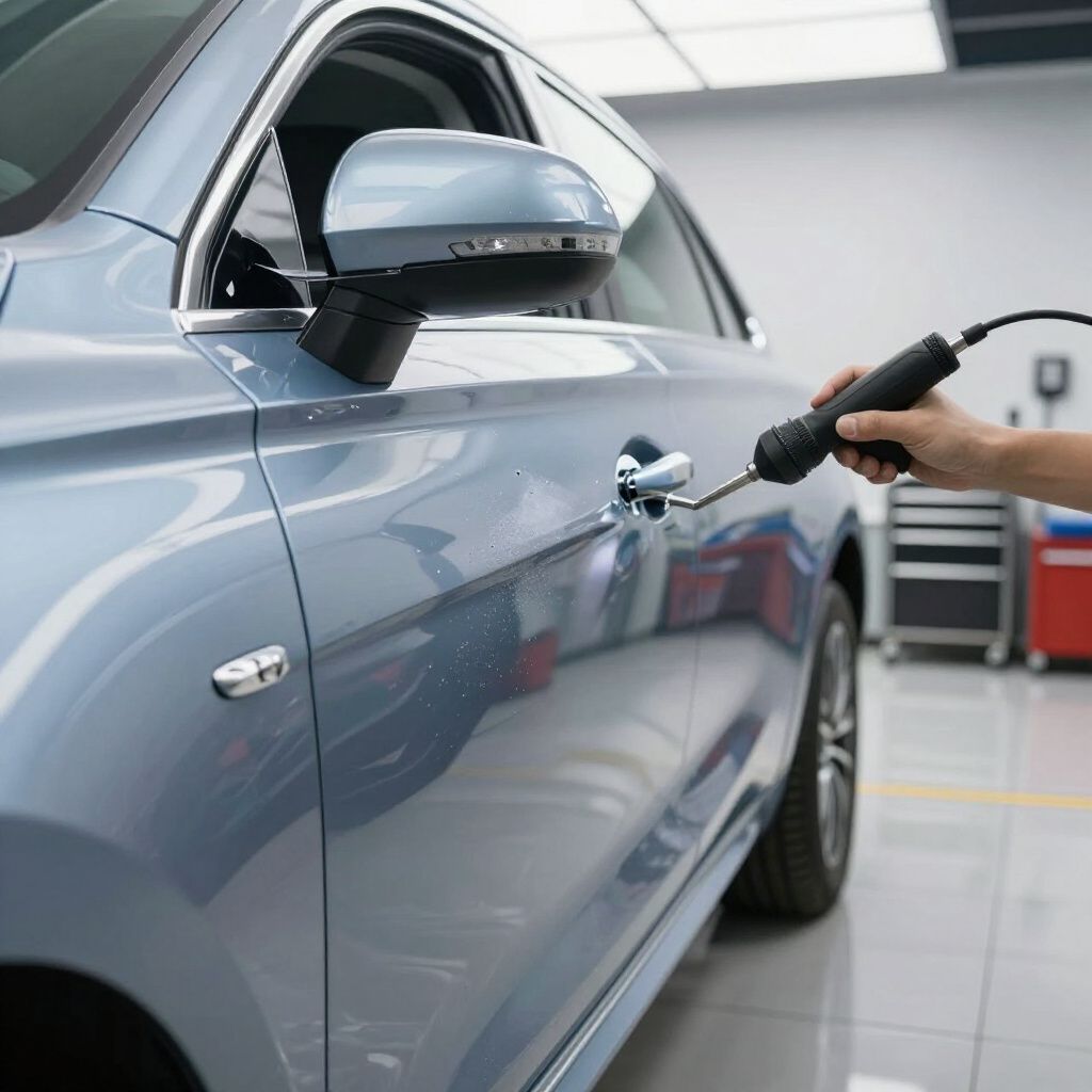 Une personne utilise un outil pour réparer une bosse sur la portière bleu clair d'une voiture dans un garage.