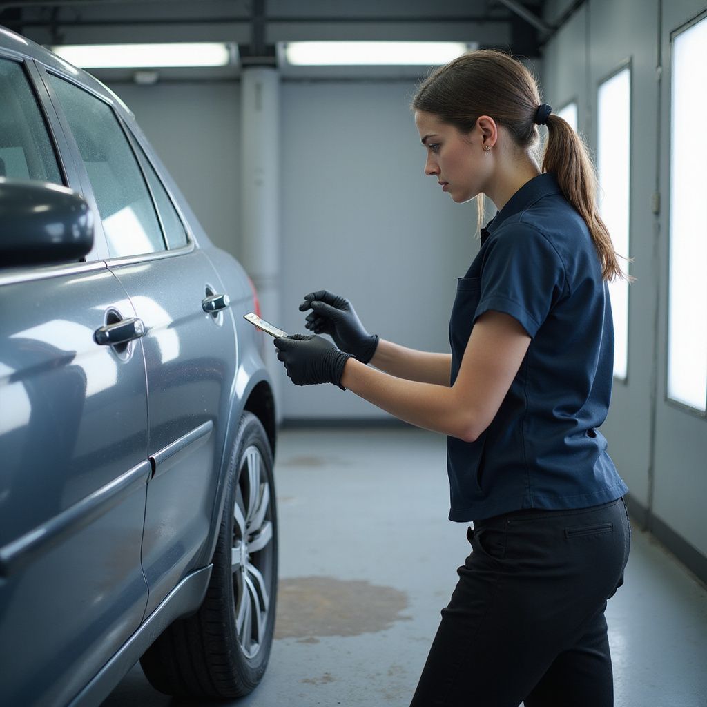 Une femme portant des gants noirs inspecte la peinture d'une voiture dans un garage, tenant un bloc-notes.