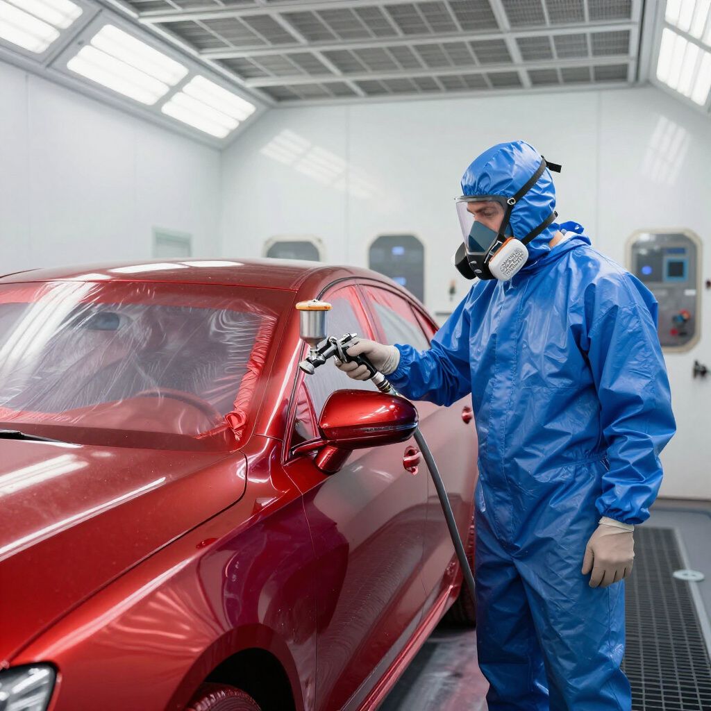 Une personne en combinaison de protection bleue peint une voiture rouge dans une cabine de peinture.