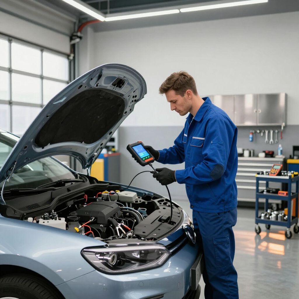 Un mécanicien en combinaison bleue utilise un outil de diagnostic sur une voiture dans un garage.