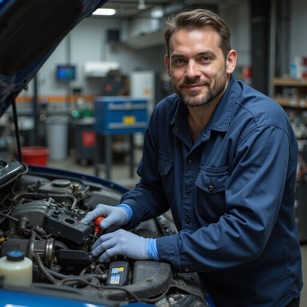 Un mécanicien en uniforme bleu examine le moteur d'une voiture. Il porte des gants et sourit dans son atelier.