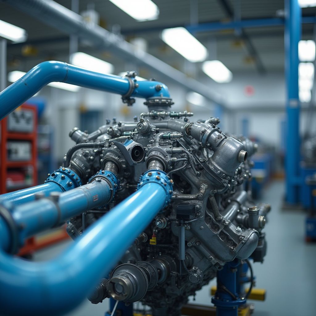 Moteur à tuyaux bleus dans un atelier.