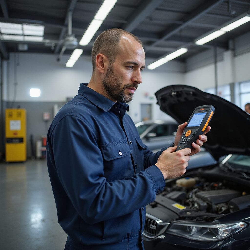 Un mécanicien utilise un outil de diagnostic sur une voiture dans un atelier de réparation.