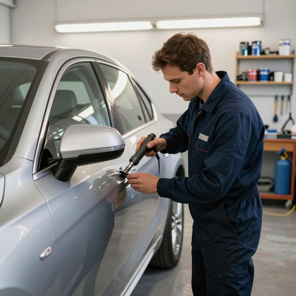Un mécanicien utilise un outil sur la portière d'une voiture argentée à l'intérieur d'un garage.