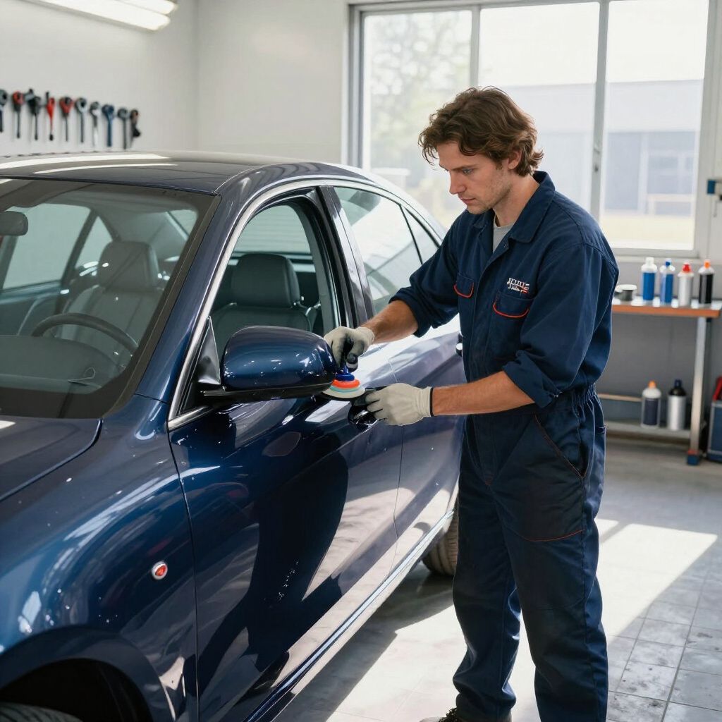 Un homme polit une voiture bleu foncé dans un atelier ; il porte une combinaison bleue et des gants.