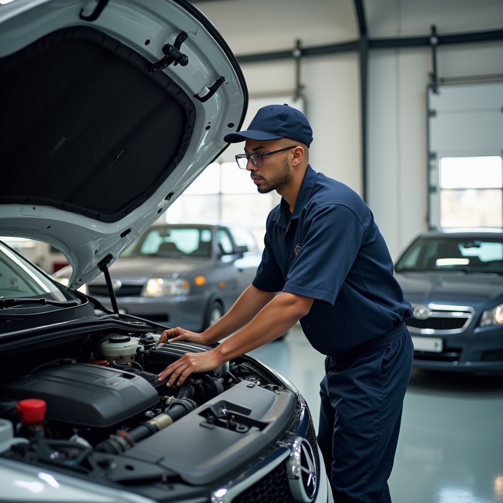 Un mécanicien en uniforme bleu inspecte le moteur d'une voiture dans un garage.