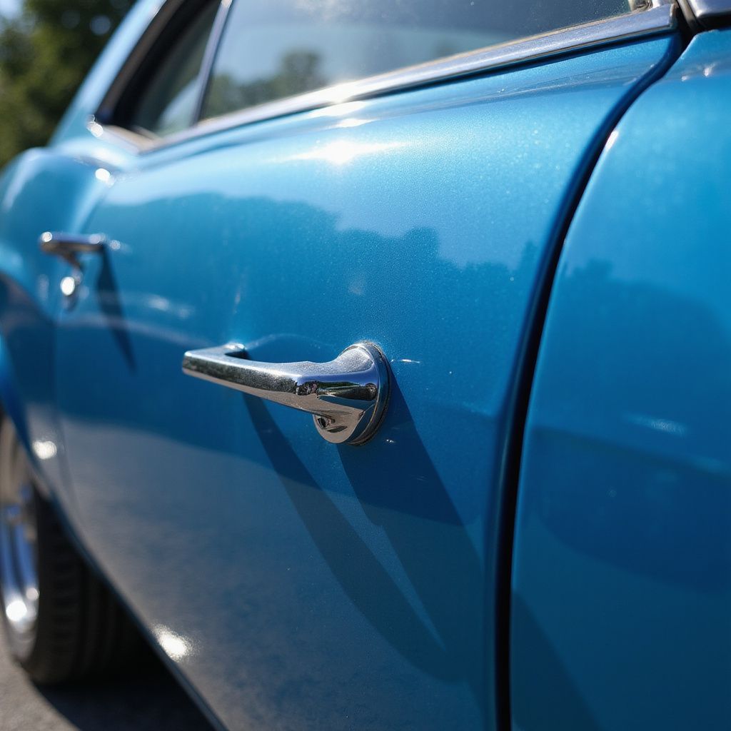 Portière de voiture classique bleue avec poignée chromée, reflétant la lumière du soleil.