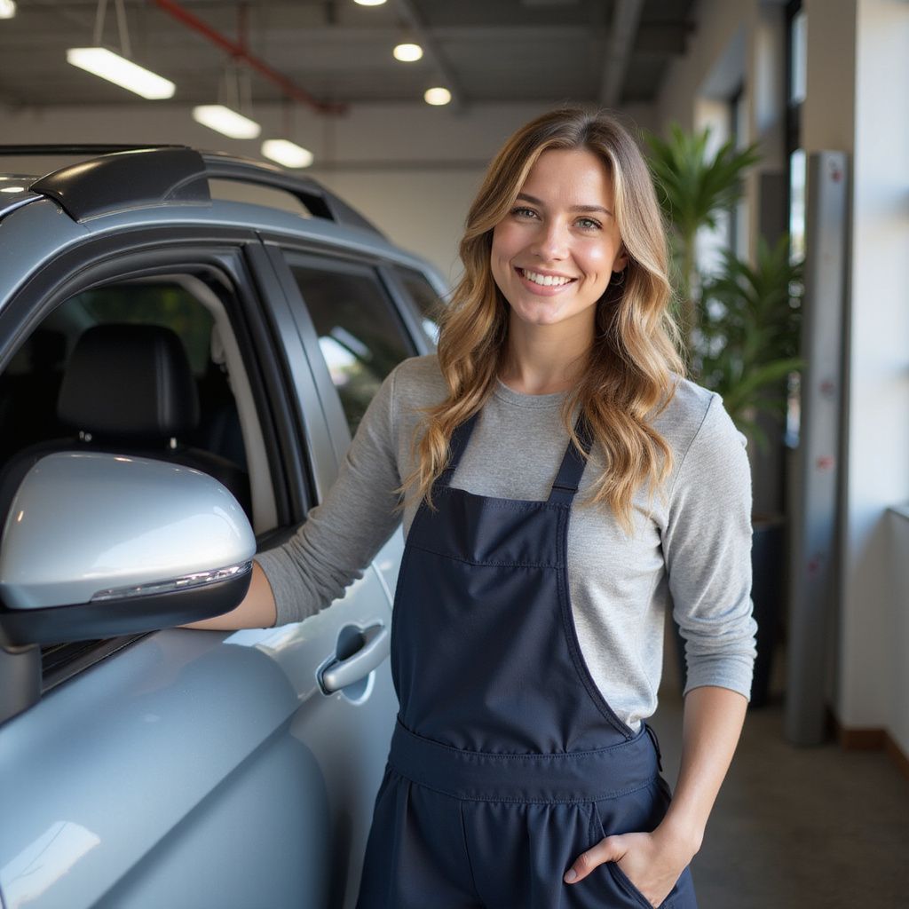 Une femme en salopette de mécanicienne sourit à côté d'une voiture argentée dans un garage.
