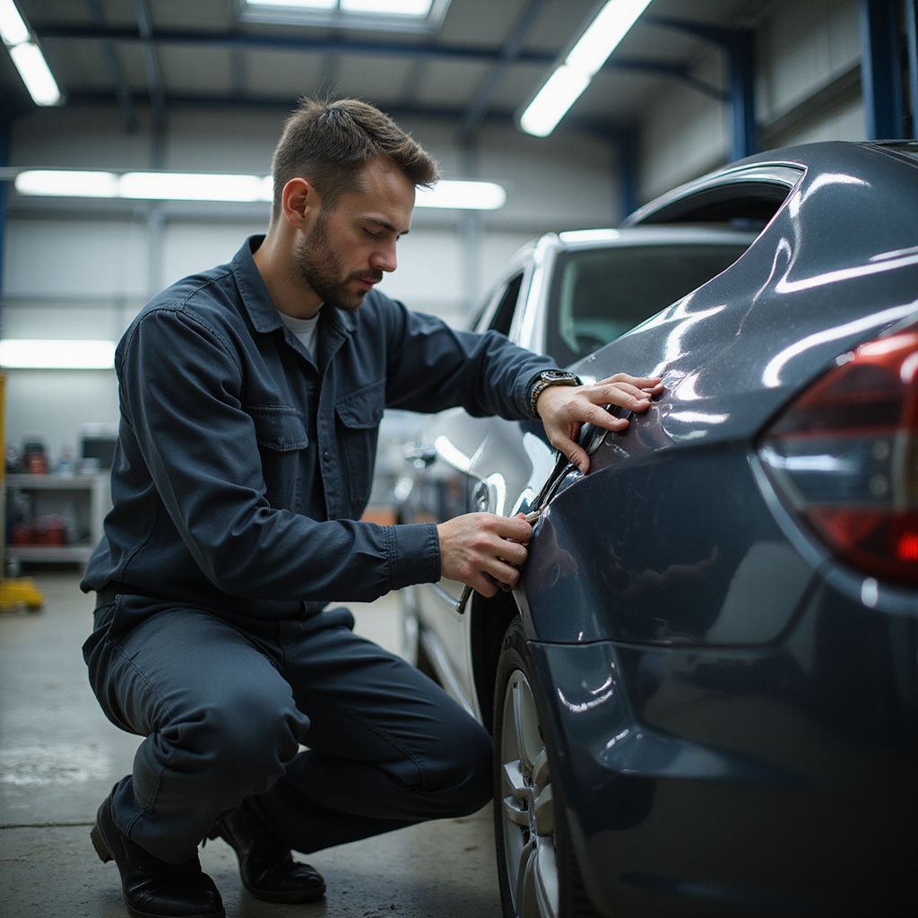 Un mécanicien, accroupi dans un garage, inspecte une voiture. Il porte une combinaison bleue.