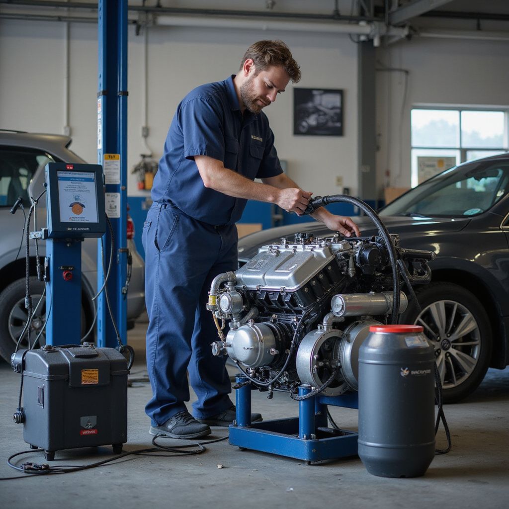 Un mécanicien travaille sur un moteur dans un garage ; une machine et une voiture sont également visibles.