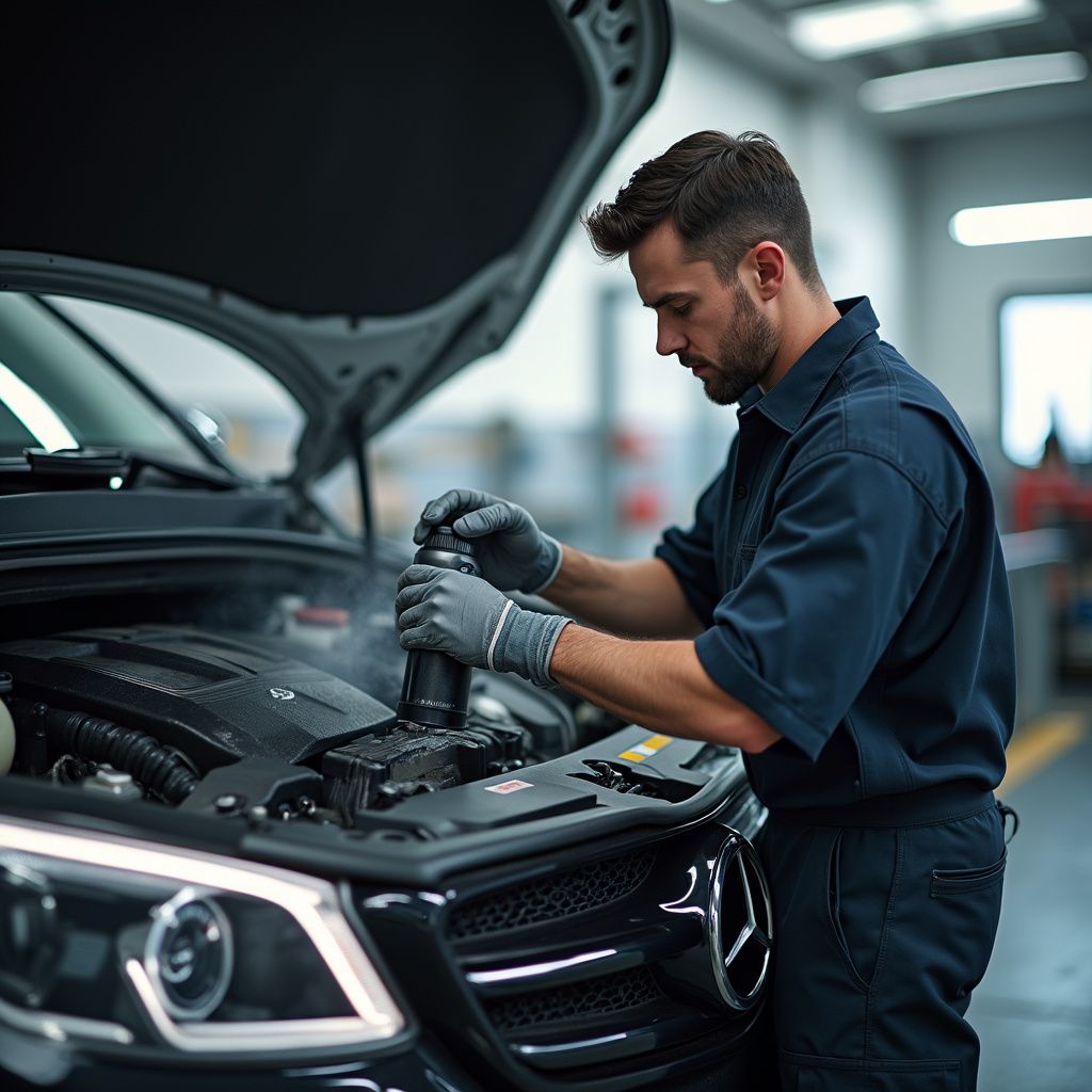 Un mécanicien en uniforme bleu travaille sur le moteur d'une voiture dans un garage.