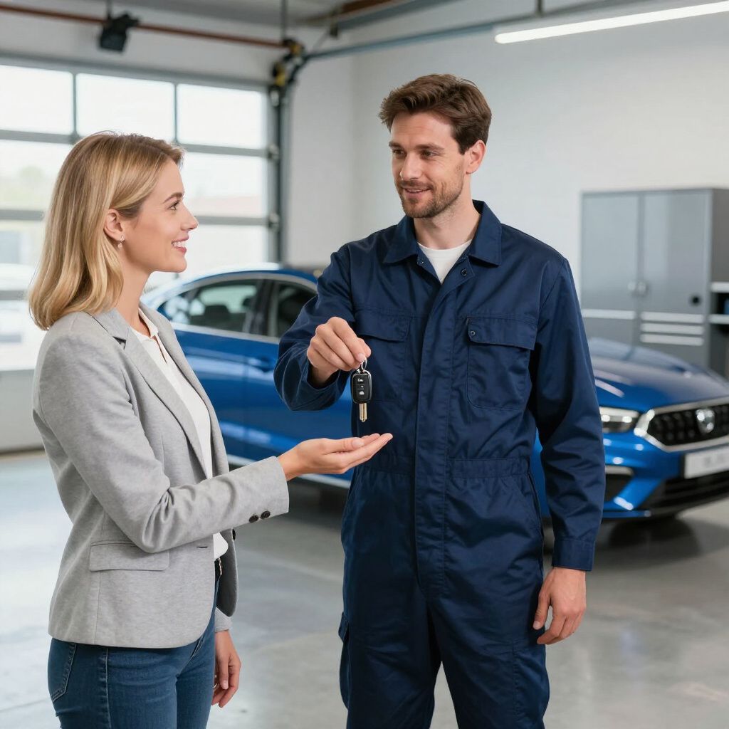 Un mécanicien remet les clés d'une voiture à un client dans un garage ; une voiture bleue est visible en arrière-plan.
