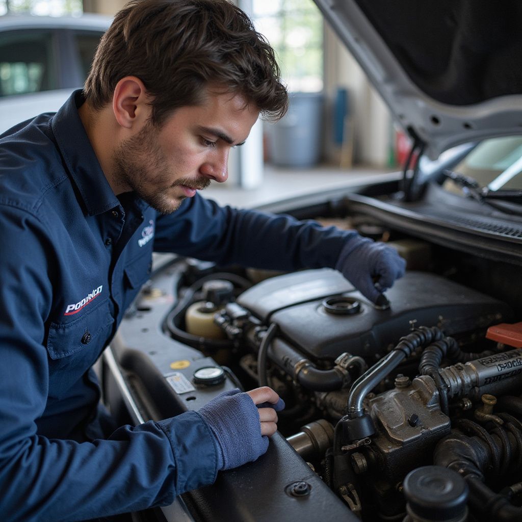 Un mécanicien en uniforme bleu inspecte le moteur d'une voiture, ganté, sous le capot ouvert, dans un garage.
