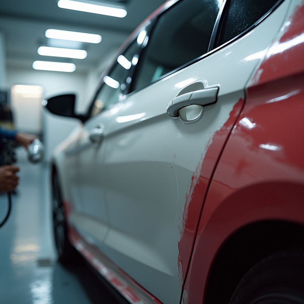 Voiture en cours de peinture dans un garage ; véhicule blanc avec des panneaux rouges ; quelqu'un peint le côté.