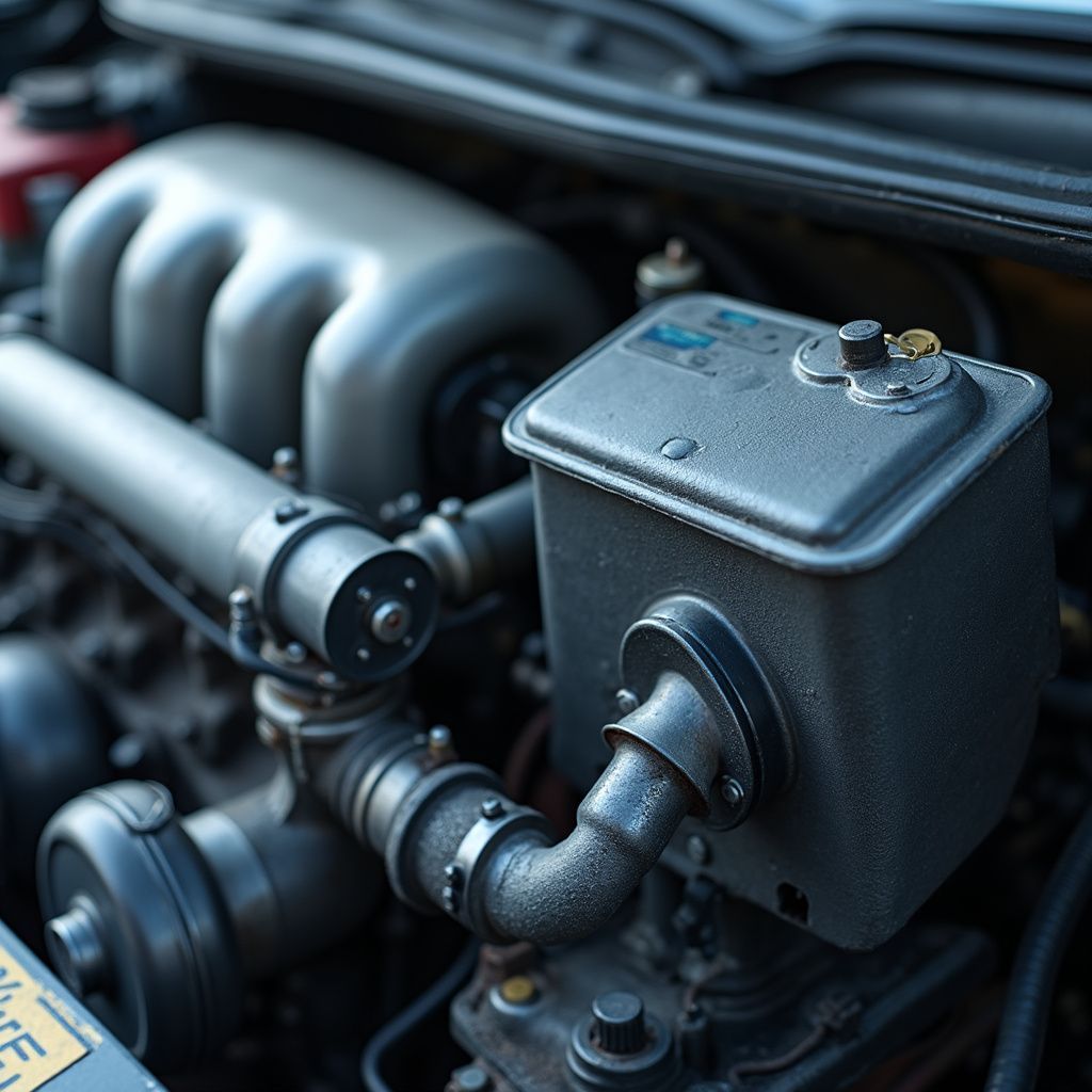 Gros plan sur un moteur de voiture avec des composants gris, notamment un réservoir carré et des tubes incurvés, dans un véhicule.