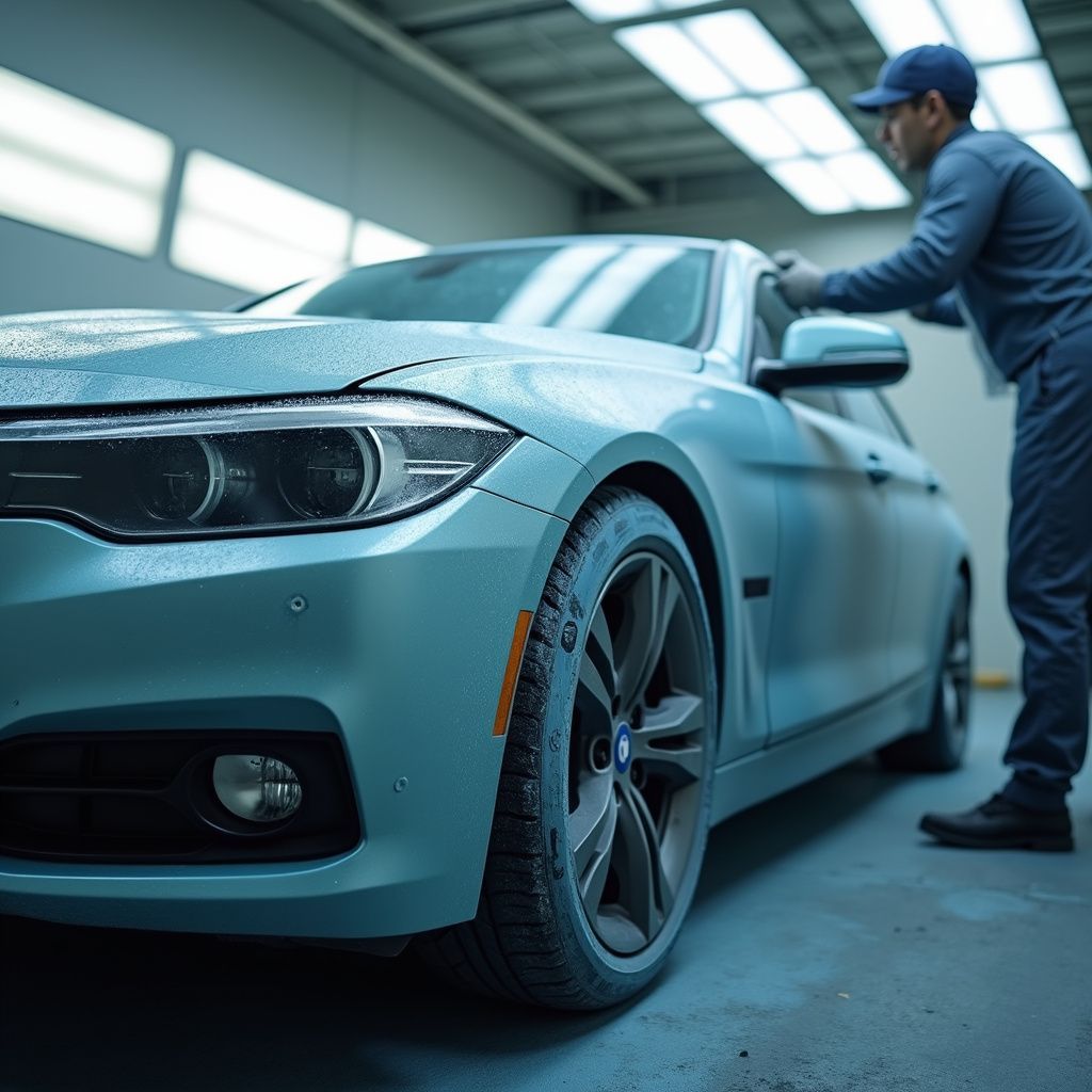 Un mécanicien repeint une voiture bleu clair dans son atelier. Il s'agit d'une BMW.