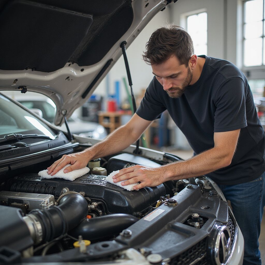 Dans un garage, une personne nettoie le moteur d'une voiture avec deux chiffons blancs.