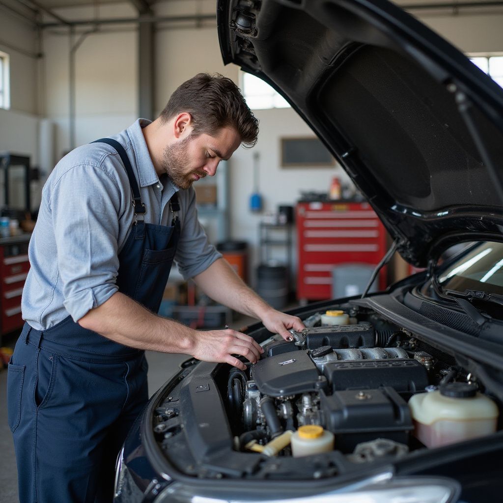 Un mécanicien en salopette bleue travaille sur le moteur d'une voiture dans un garage.