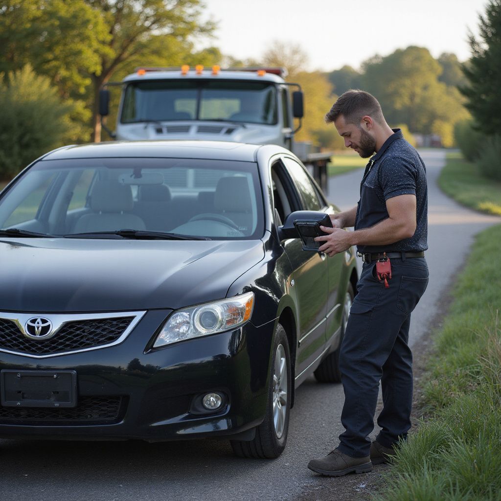 Un homme inspecte une voiture noire sur la route, une dépanneuse est visible en arrière-plan.