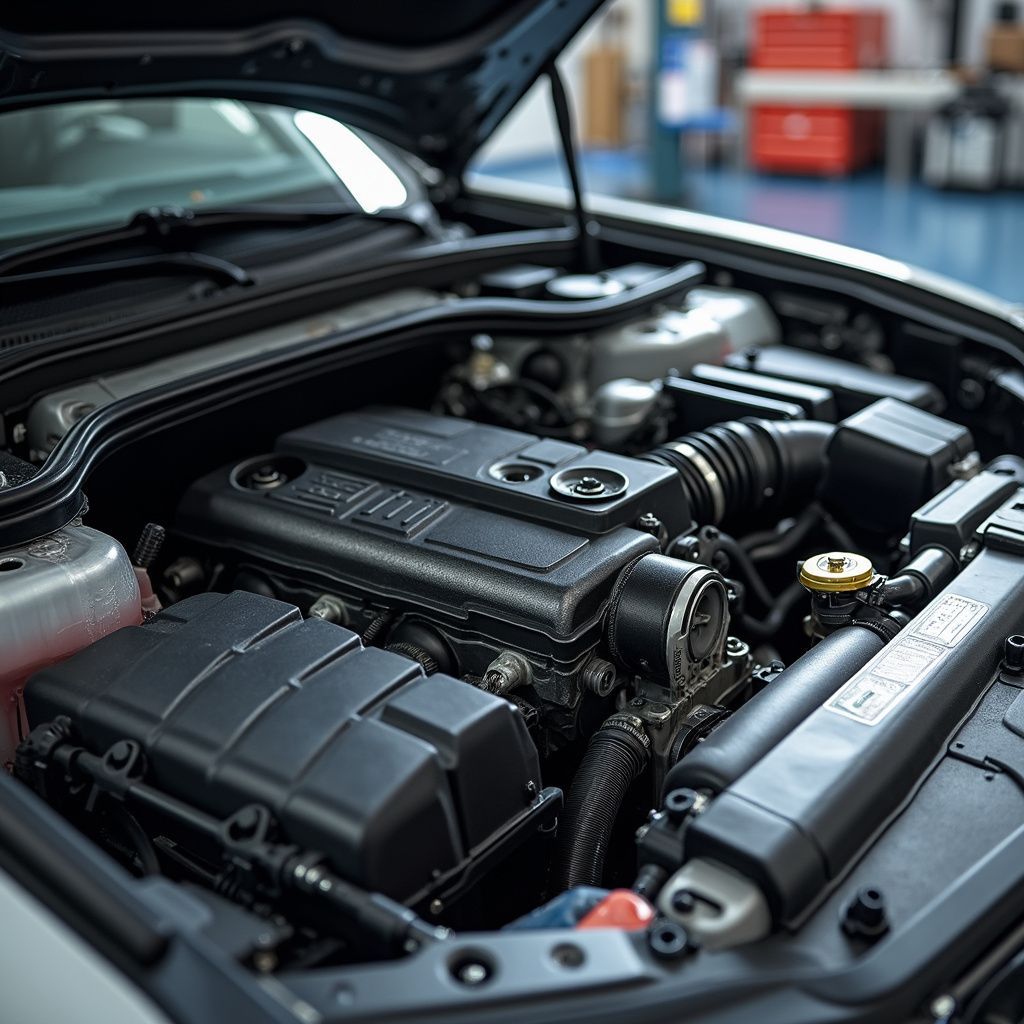 Moteur de voiture, capot ouvert, dans un garage, laissant apparaître les composants du moteur et le filtre à air.