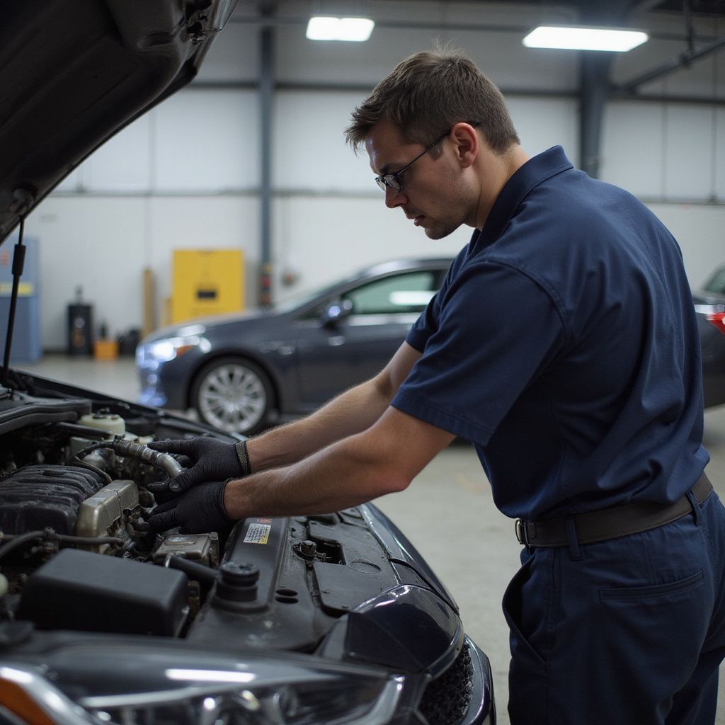 Un mécanicien en uniforme bleu travaille sur le moteur d'une voiture dans un garage.