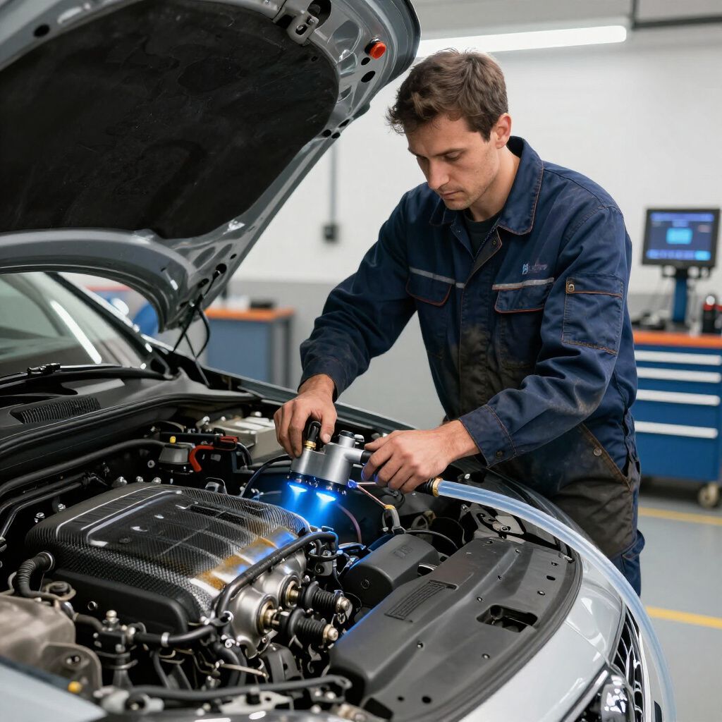 Mécanicien en salopette bleue réparant un moteur en garage avec un outil lumineux précis.