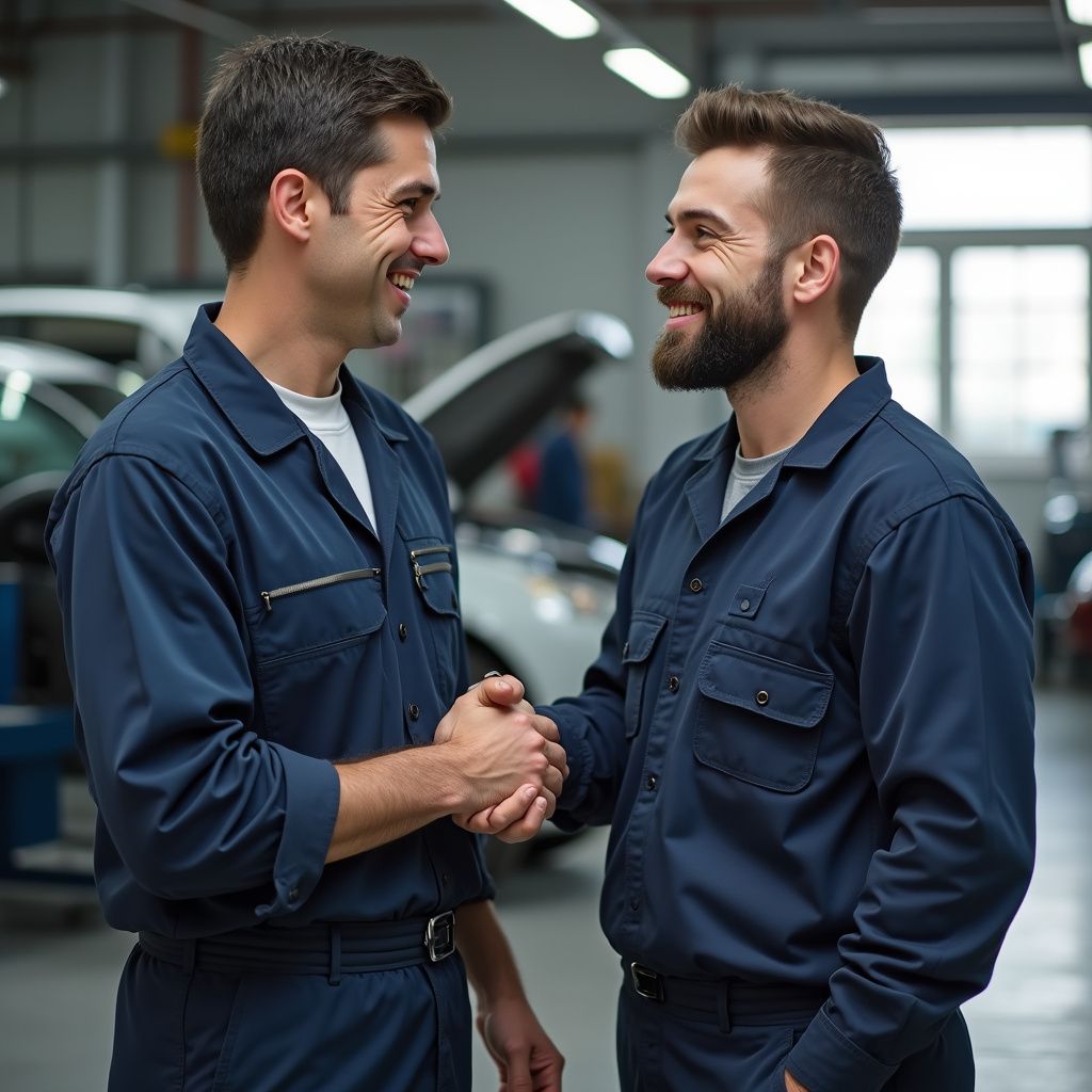 Deux mécaniciens en uniforme bleu se serrent la main dans un garage, souriants.