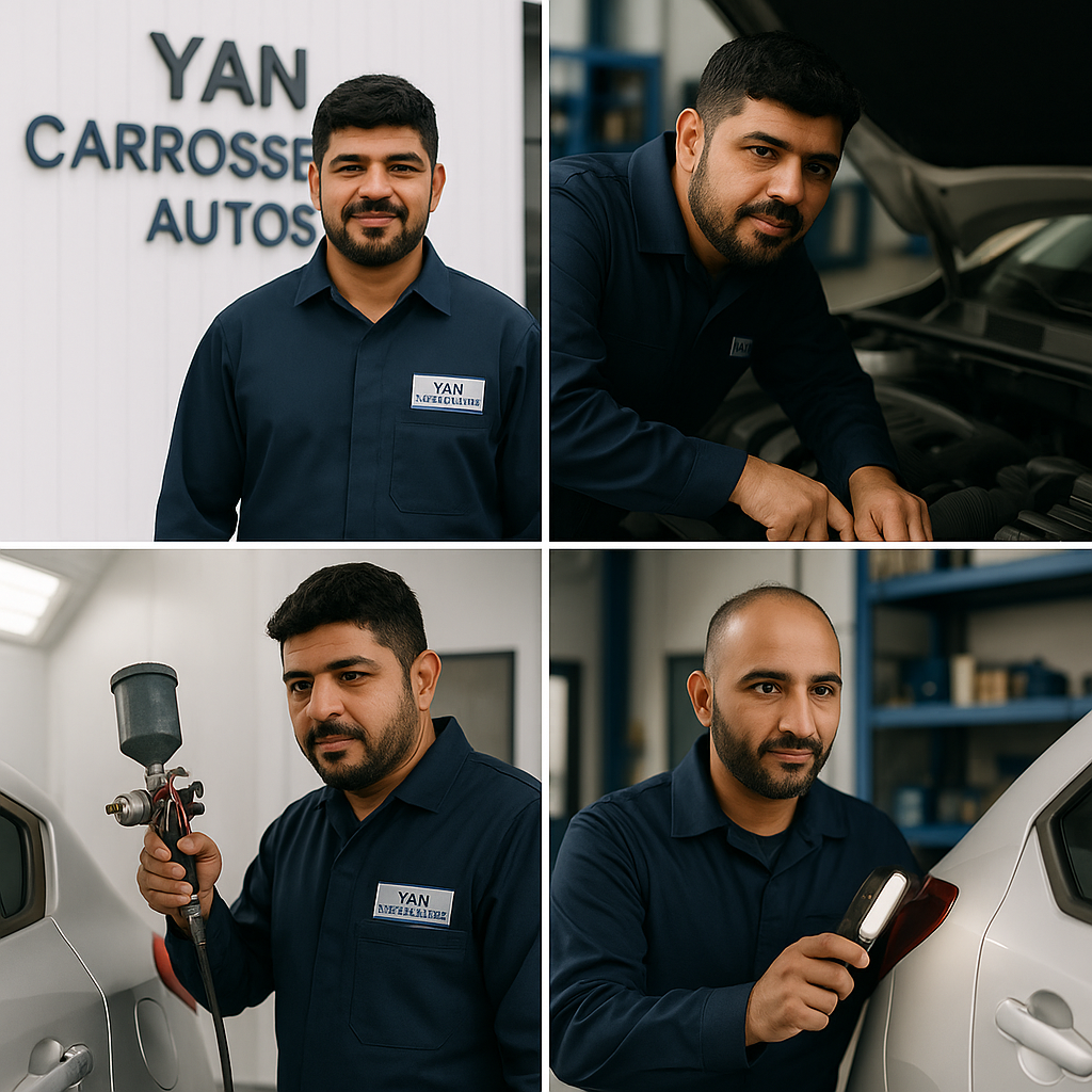Quatre images d'un mécanicien chez Yan Carrosserie Autos. Il porte un uniforme bleu et travaille sur des véhicules.