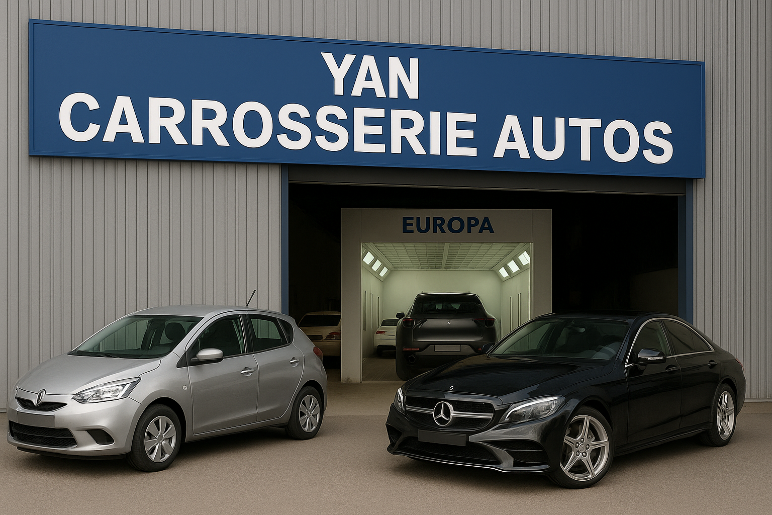 Voitures devant un garage automobile appelé Yan Carrosserie Autos ; voiture argentée à gauche, voiture noire à droite.