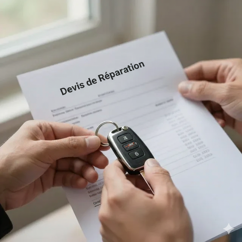 Personne tenant des clés de voiture et un devis de réparation intitulé « Devis de Réparation » près d'une fenêtre.