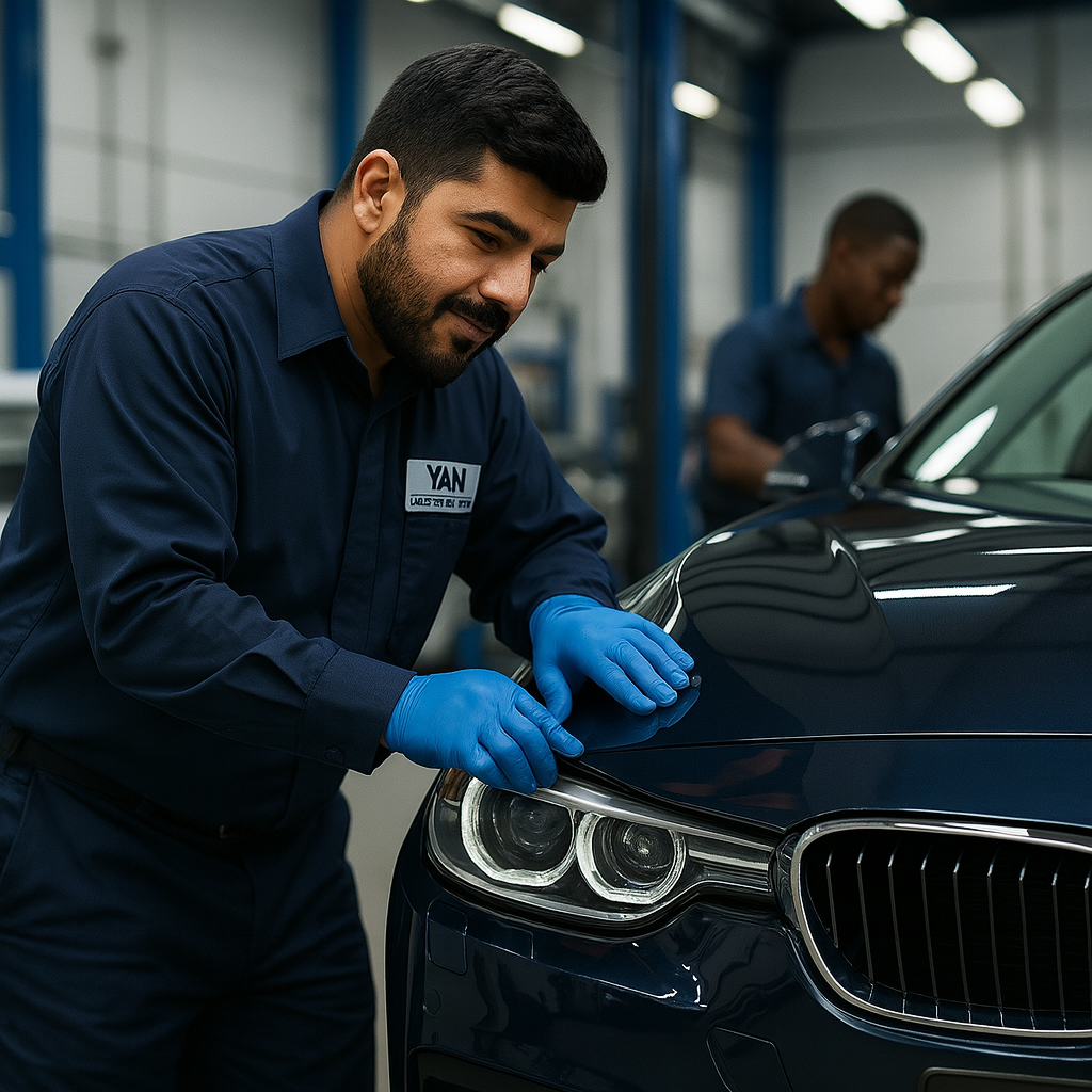 Un mécanicien portant des gants bleus examine le capot d'une voiture sombre dans un garage. Une autre personne est visible en arrière-plan.