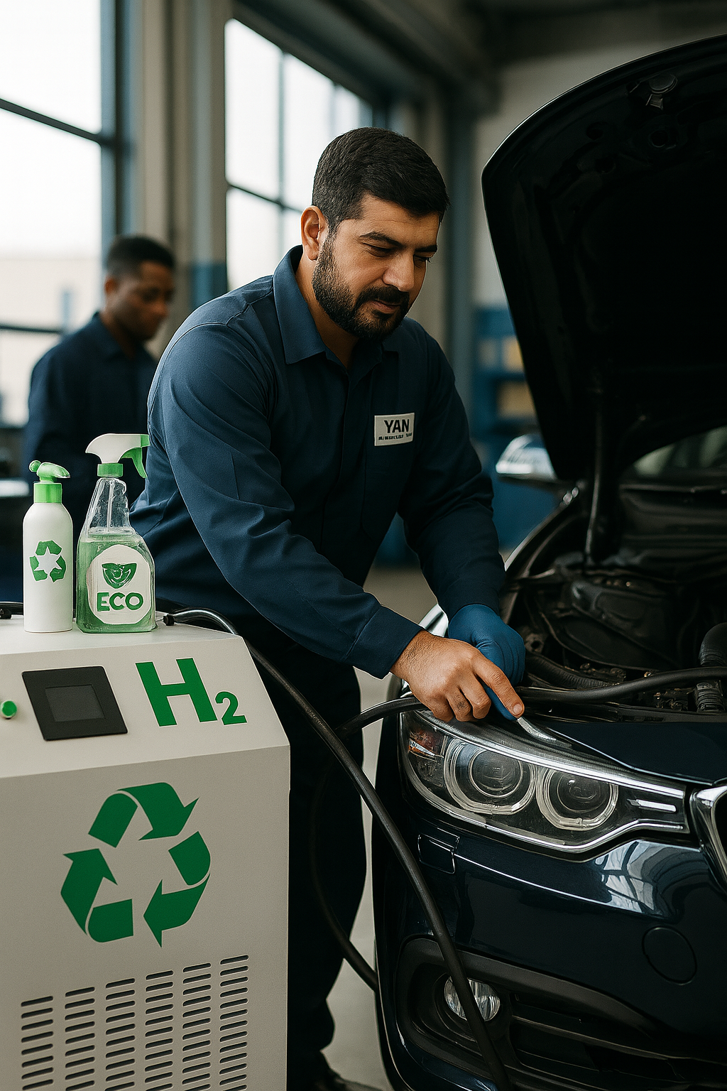 Un mécanicien travaille sur une voiture et raccorde un tuyau provenant d'une station de ravitaillement en hydrogène. L'ambiance est celle d'un atelier ; un autre employé est visible en arrière-plan.